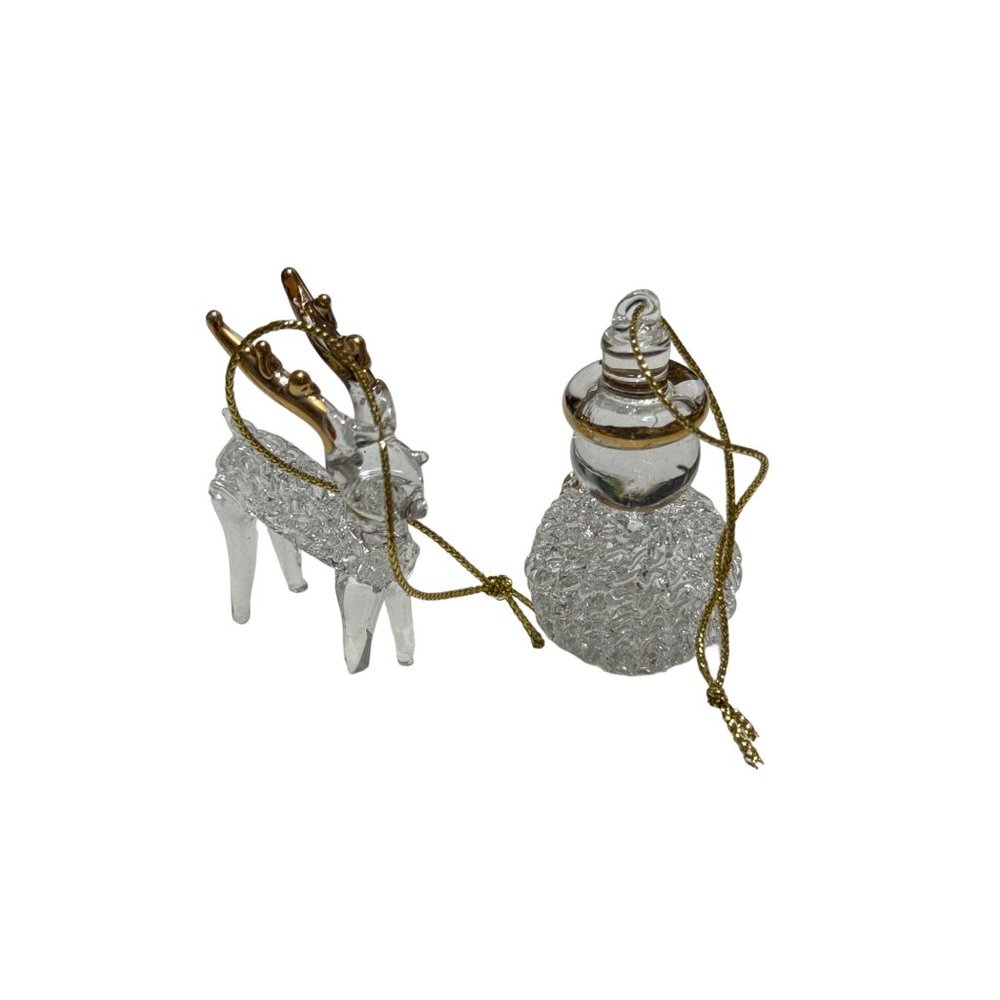 2 pc Handblown Glass Christmas Ornaments Gold trimmed Deer and Snowman - Picture 2 of 6